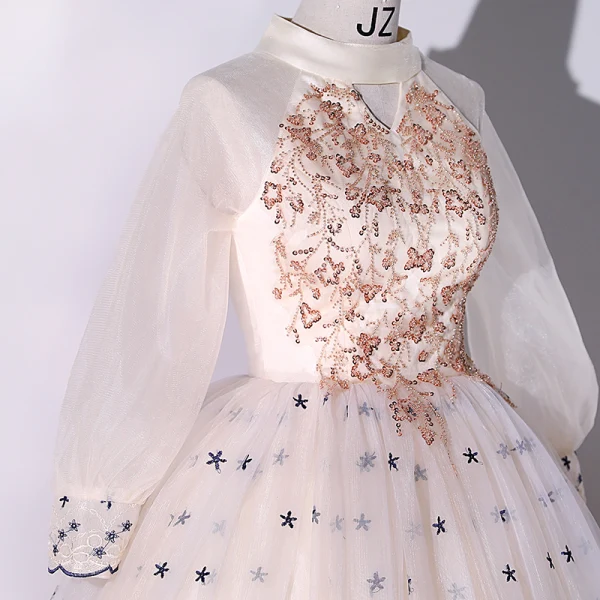 Élégant Champagne Robe De Bal 2022 Robe Boule Encolure Dégagée Étoile En Dentelle Perlage Perle Paillettes Manches Longues Longue Robe De Ceremonie