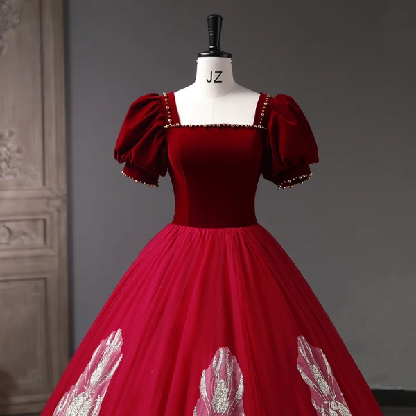 Vintage / Retro Burgundy Pearl Sequins Prom Dresses 2023 Ball Gown Square Neckline Puffy Short Sleeve Backless Floor-Length / Long Prom Formal Dresses