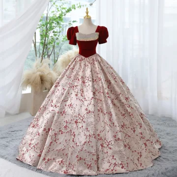 Eleganta Burgundy Utskrift Balklänningar 2023 Balklänning Fyrkantig Ringning Paljetter Korta Ärm Halterneck Långa Bal Formella Klänningar