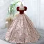 Elegant Burgundy Printing Prom Dresses 2023 Ball Gown Square Neckline Sequins Short Sleeve Backless Floor-Length / Long Prom Formal Dresses