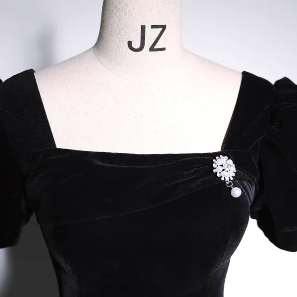 Elegant Black Solid Color Velvet Prom Dresses 2023 A-Line / Princess Square Neckline Short Sleeve Backless Floor-Length / Long Prom Formal Dresses