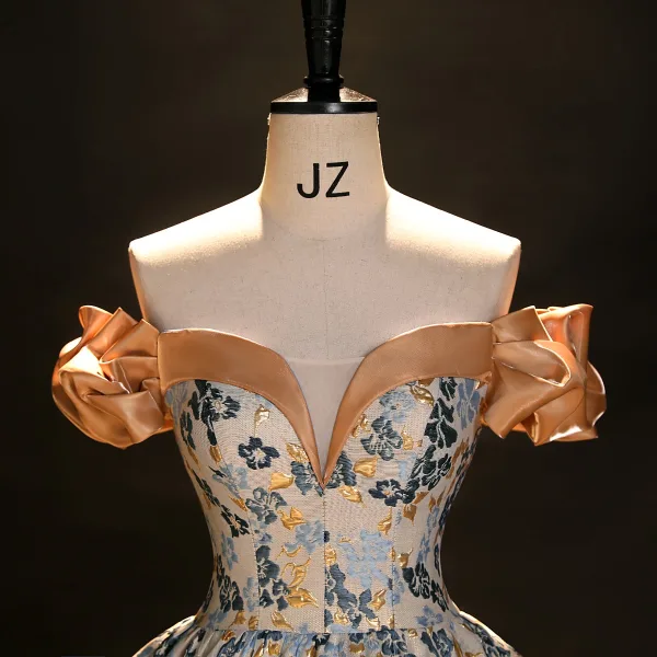 Vintage / Retro Beige Printing Prom Dresses 2023 Ball Gown Off-The-Shoulder Short Sleeve Backless Floor-Length / Long Prom Formal Dresses