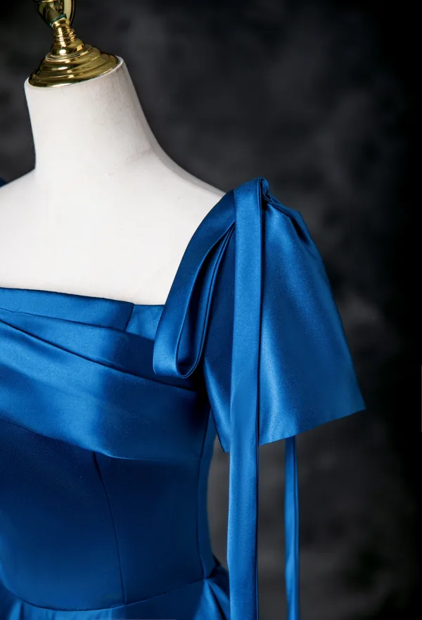 Vintage / Retro Royal Blue Satin Prom Dresses 2025 A-Line / Princess Square Neckline Short Sleeve Bow Backless Floor-Length / Long Prom Formal Dresses