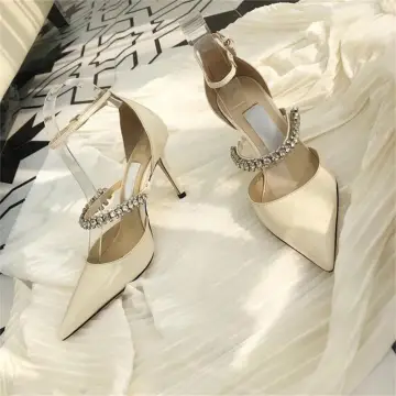 Chic Belle Beige Vêtement De Rue Sandales Femme 2020 Cuir Faux Diamant Bride Cheville 9 Cm Talons Aiguilles À Bout Pointu Sandales