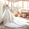 Charming Ivory Wedding Dresses 2020 Ball Gown Strapless Rhinestone Lace Flower Sleeveless Backless Royal Train