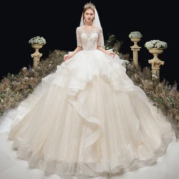 Charming Ivory Glitter Cascading Ruffles Wedding Dresses 2020 Ball Gown Scoop Neck Beading Lace Flower 1 2 Sleeves Backless Cathedral Train