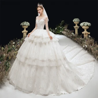 Luxe Ivoire Perlage Volants En Cascade Robe De Mariée 2020 Robe Boule Encolure Dégagée Appliques Faux Diamant Paillettes 3 4 Manches Dos Nu Royal Train