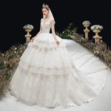Luxury Gorgeous Ivory Beading Cascading Ruffles Wedding Dresses 2020 Ball Gown Scoop Neck Appliques Rhinestone Sequins 3 4 Sleeve Backless Royal Train