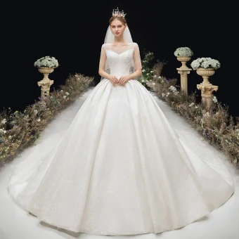 Luxury Gorgeous Glitter Ivory Wedding Dresses 2020 Ball Gown V Neck Beading Crystal Sequins Short Sleeve Backless Royal Train