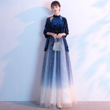 Charmant Bleu Roi Étoile Paillettes Robe De Soirée 2020 Princesse Daim Col Haut Faux Diamant Sans Manches Longue Robe De Ceremonie