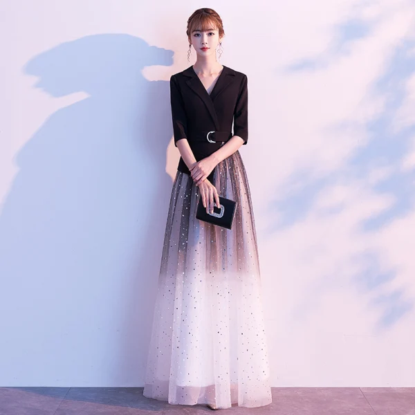 Elegant Black Evening Dresses  2020 A-Line / Princess V-Neck Star Sequins 1/2 Sleeves Backless Floor-Length / Long Formal Dresses