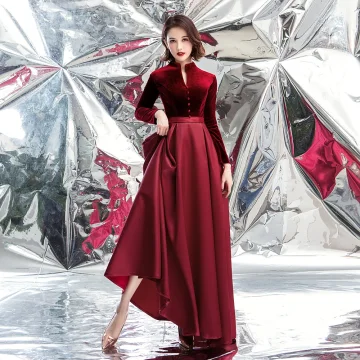Élégant Bordeaux Daim Robe De Bal 2020 Princesse Col Haut Manches Longues Longue Robe De Ceremonie