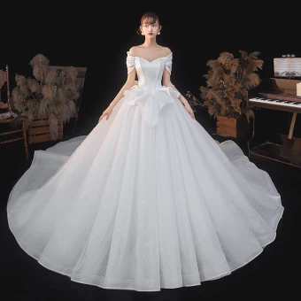 Haut De Gamme Élégant Ivoire Glitter Robe De Mariée 2021 Robe Boule De L 039 Épaule Manches Courtes Dos Nu Royal Train Mariage