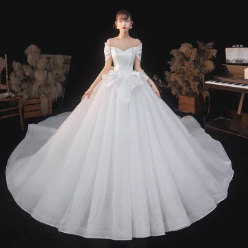 High End Elegant Ivory Glitter Wedding Dresses 2021 Ball Gown Off The Shoulder Short Sleeve Backless Royal Train Wedding