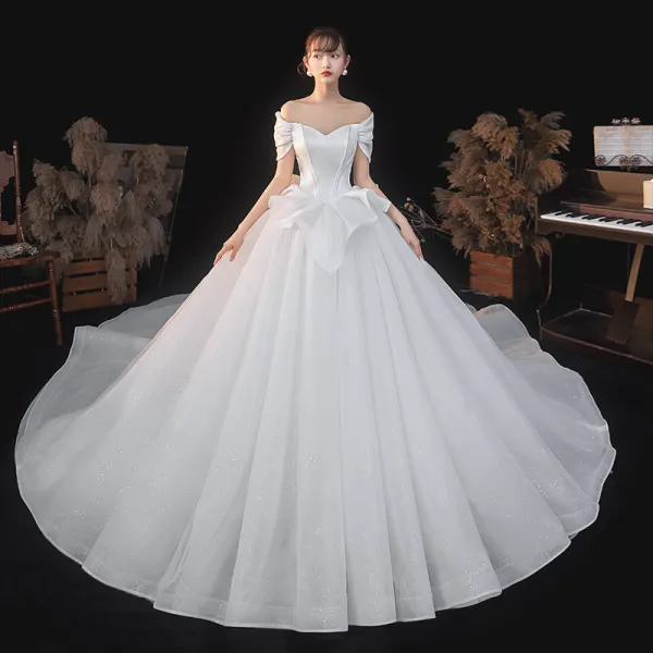 High-end Elegant Ivory Glitter Wedding Dresses 2021 Ball Gown Off-The-Shoulder Short Sleeve Backless Royal Train Wedding