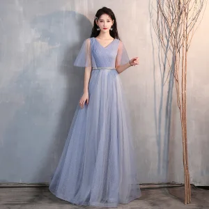 Chic Belle Bleu Ciel Glitter Robe De Soirée 2020 Princesse V Cou Faux Diamant Ceinture 1 2 Manches Dos Nu Longue Robe De Ceremonie