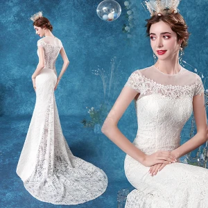 Élégant Ivoire Dentelle Robe De Mariée 2020 Trompette Sirène Encolure Dégagée En Dentelle Fleur Mancherons Dos Nu Train De Balayage