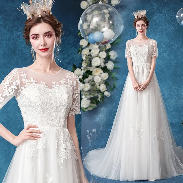 Elegant Ivory Wedding Dresses 2020 A-Line / Princess Scoop Neck Rhinestone Lace Flower Short Sleeve Court Train