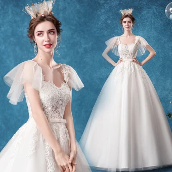 Chic Belle Ivoire Robe De Mariée 2020 Robe Boule Encolure Carrée Noeud En Dentelle Fleur Manches Courtes Dos Nu Tribunal Train