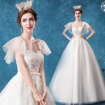 Chic Beautiful Ivory Wedding Dresses 2020 Ball Gown Square Neckline Bow Lace Flower Short Sleeve Backless Court Train