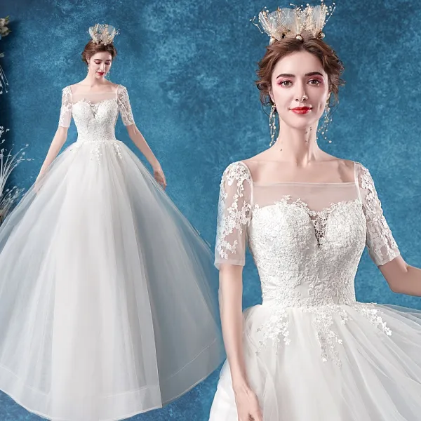 Elegant Ivory Wedding Dresses 2020 A-Line / Princess Square Neckline Rhinestone Lace Flower Short Sleeve Backless