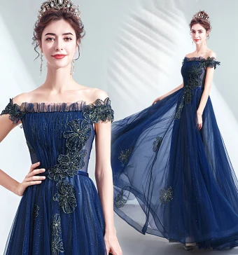 Vintage Originale Bleu Marine Robe De Bal 2020 Princesse Volants De L 039 Épaule Cristal Glitter Tulle Manches Courtes Dos Nu Longue Robe De Ceremonie