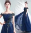 Vintage / Retro Navy Blue Prom Dresses 2020 A-Line / Princess Ruffle Off-The-Shoulder Crystal Glitter Tulle Short Sleeve Backless Floor-Length / Long Formal Dresses
