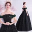 Classy Black Cascading Ruffles Prom Dresses 2020 Ball Gown Ruffle Off-The-Shoulder Rhinestone Lace Flower Sleeveless Backless Floor-Length / Long Formal Dresses
