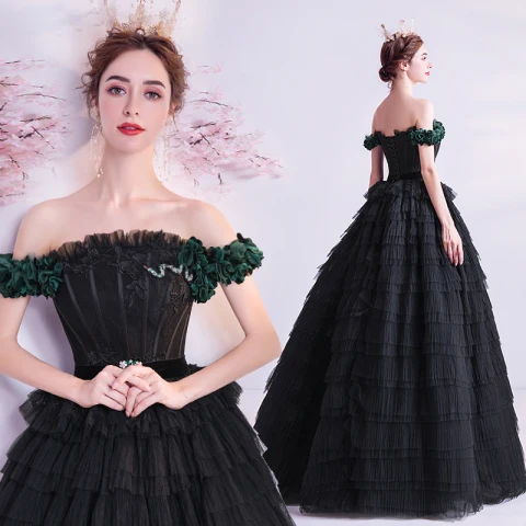 Elegancka Czarne Kaskadowe Falbany Sukienki Na Bal 2020 Suknia Balowa Wzburzyć Przy Ramieniu Rhinestone Z Koronki Kwiat Bez Rękawów Bez Pleców Długie Sukienki Wizytowe