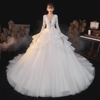 Fashion Elegant White Lace Flower Cascading Ruffles Wedding Dresses 2021 A Line Princess Deep V Neck Bow 3 4 Sleeve Backless Royal Train Wedding