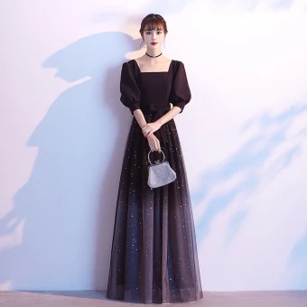 Chic Ciel Étoilé Noire Robe De Bal 2020 Princesse Encolure Carrée Étoile Paillettes Noeud 1 2 Manches Dos Nu Longue Robe De Ceremonie