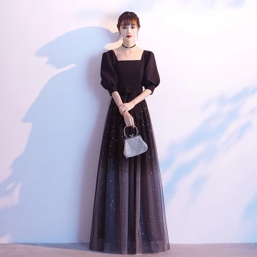 Classy Starry Sky Black Prom Dresses 2020 A Line Princess Square Neckline Star Sequins Bow 1 2 Sleeves Backless Floor Length Long Formal Dresses