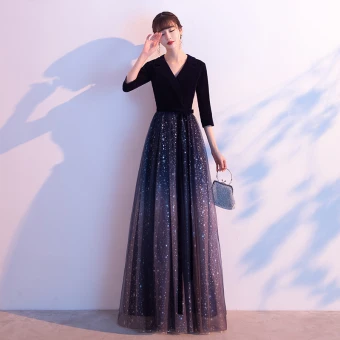 Charmant Bleu Marine Ciel Étoilé Robe De Soirée 2020 Princesse Daim V Cou Glitter Paillettes Noeud 3 4 Manches Longue Robe De Ceremonie