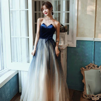Charmant Bleu Marine Robe De Soirée 2020 Princesse Bustier Noeud Glitter Sans Manches Dos Nu Longue Robe De Ceremonie