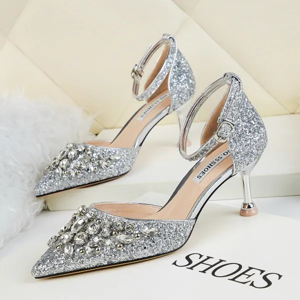 Sparkly Bling Bling Silver Womens Shoes 2019 Leather Beading Flower Glitter  Sequins Evening Party High Heels