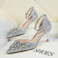 Brillante Plata Lentejuelas Noche High Heels 2020 Rhinestone 6 cm Stilettos / Tacones De Aguja Punta Estrecha Zapatos De Mujer