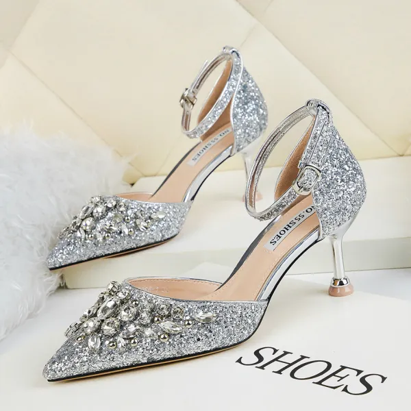 Sparkly Silver Sequins Evening Party High Heels 2020 Rhinestone 6 cm Stiletto Heels Pointed Toe Womens Shoes