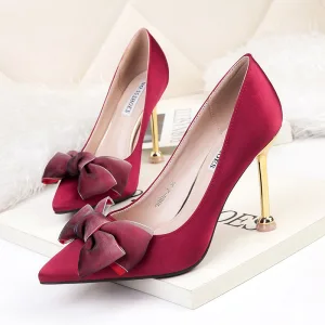 Modest Simple Burgundy Ol Pumps 2020 Office Satin Bow 9 Cm Stiletto Heels Pointed Toe Pumps