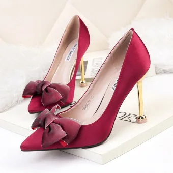Modest Simple Burgundy Ol Pumps 2020 Office Satin Bow 9 Cm Stiletto Heels Pointed Toe Pumps
