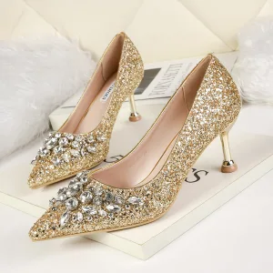 Sparkly Gold Evening Party Pumps 2020 Rhinestone Sequins 6 Cm Stiletto Heels Pointed Toe Pumps