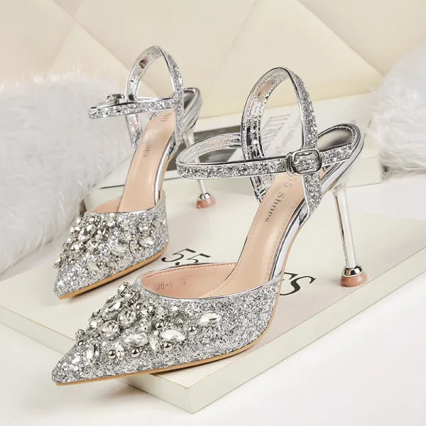 Sparkly Silver Evening Party High Heels 2020 Rhinestone Sequins Ankle Strap 9 cm Stiletto Heels Pointed Toe Womens Shoes