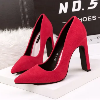 Modest Simple Red Casual Suede Pumps 2020 10 Cm Thick Heels Pointed Toe Pumps