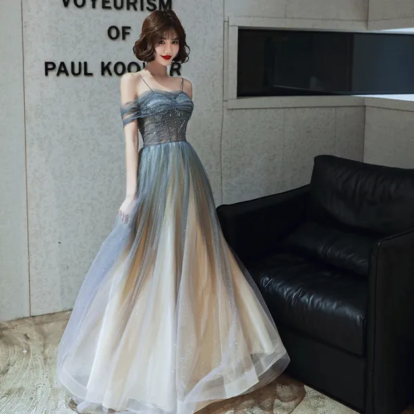Charming Gradient-Color Grey Prom Dresses 2020 A-Line / Princess Spaghetti Straps Glitter Star Sequins Short Sleeve Backless Floor-Length / Long Formal Dresses