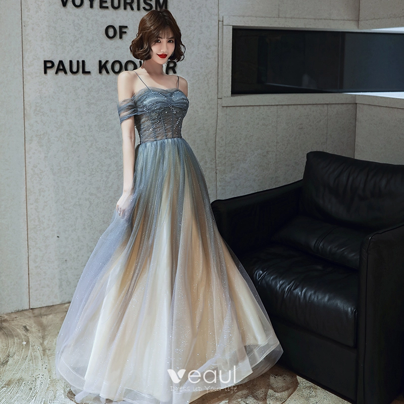 Charming Gradient-Color Grey Prom Dresses 2020 A-Line / Princess Spaghetti  Straps Glitter Star Sequins Short Sleeve Backless Floor-Length / Long Formal  Dresses