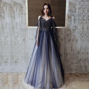 Charming Navy Blue Prom Dresses 2020 A Line Princess Spaghetti Straps Glitter Tulle Beading Crystal Long Sleeve Backless Floor Length Long Formal Dresses