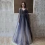 Charming Navy Blue Prom Dresses 2020 A-Line / Princess Spaghetti Straps Glitter Tulle Beading Crystal Long Sleeve Backless Floor-Length / Long Formal Dresses