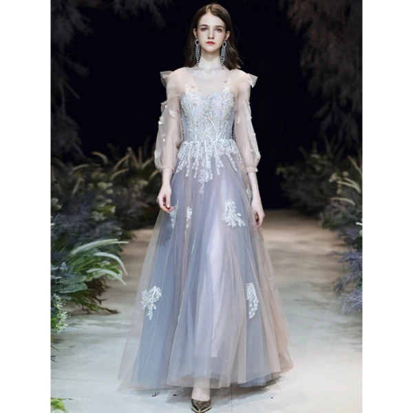 Classy Sky Blue Evening Dresses 2020 A-Line / Princess Scoop Neck Pearl Lace Flower Appliques 3/4 Sleeve Backless Sweep Train Formal Dresses