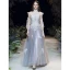 Elegante Azul Cielo Vestidos de noche 2020 A-Line / Princess Scoop Escote Perla Con Encaje Flor Apliques 3/4 Ærmer Sin Espalda Colas De Barrido Vestidos Formales