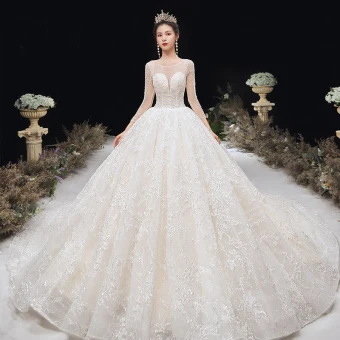 Haut De Gamme Ivoire Robe De Mariée 2020 Robe Boule Encolure Dégagée Perlage Cristal Paillettes En Dentelle Fleur 3 4 Manches Dos Nu Cathedral Train