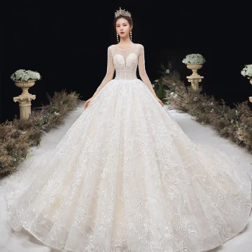 Haut De Gamme Ivoire Robe De Mariée 2020 Robe Boule Encolure Dégagée Perlage Cristal Paillettes En Dentelle Fleur 3 4 Manches Dos Nu Cathedral Train